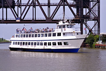 dinner cruise boat on Cuyahoga River in Cleveland, Ohio