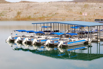 blue boats at a Lake Mead marina