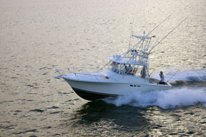 power boat in Nantucket Sound at dusk