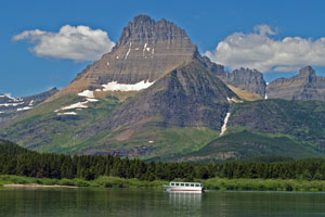 tour boat on Swiftcurrent Lake in Glacier National Park, Montana